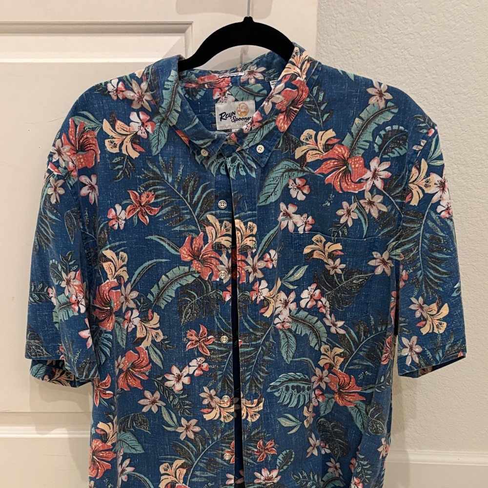 Reyn Spooner Tropical Blue and Red Floral Shirt